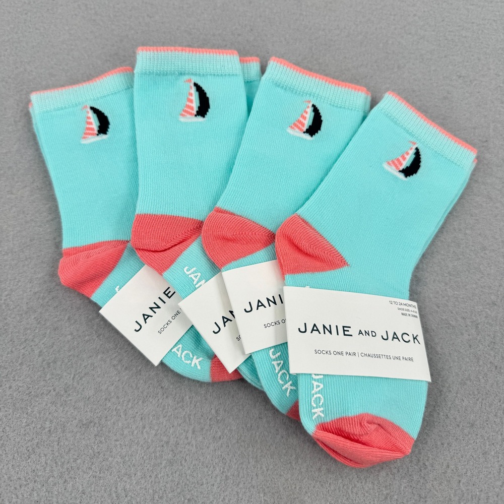 NWT Janie and Jack Infant‎ 4pk Sock Bundle 6-12mo Blue/Orange Nautical Preppy